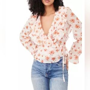 NWOT - Free People Floral Wrap Top - White and Orange
